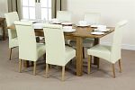 4ft 3" x 3ft Rustic Solid Oak Dining Tables with 6 Cream Leather Scroll Back Dining Chairs
